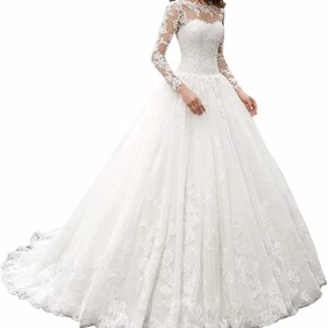 New Women's Long Sleeves Scoop Lace Ball Gown Wedding Dress Bridal Gowns